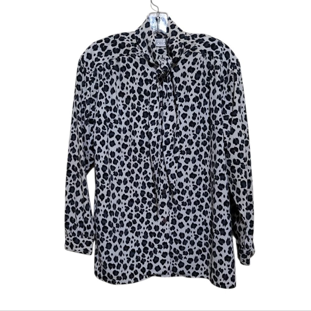 Rafaella Black and White Animal Print Button Down Shirt With Bow Size 8